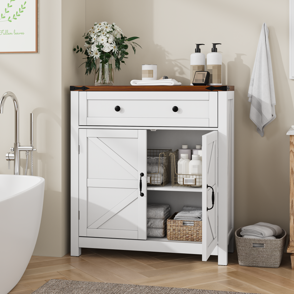 Farmhouse Storage Cabinet with Drawer and Adjustable Shelf, White Kitchen Cabinet with Walnut Countertop,  Modern Coffee Bar Console Cabinet for Kitchen, Dining Room, Bathroom, Entryway