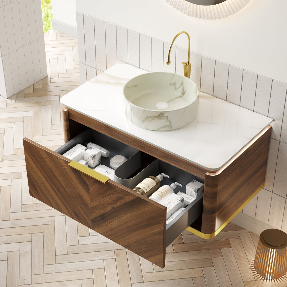 DIPA 36" Bathroom Vanity&Sink, Floating Plywood Storage Cabinet with Sensor Light, Drawer, Stone Pattern White Round Ceramic Vessel Basin&Sintered Stone Top, Pre-assembled, Dark Walnut Woodgrain Color