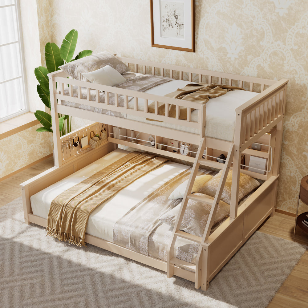 Twin XL over Queen Bunk Bed with Integrated Shelving, Color-Changing Lights and Pegboard, Beige
