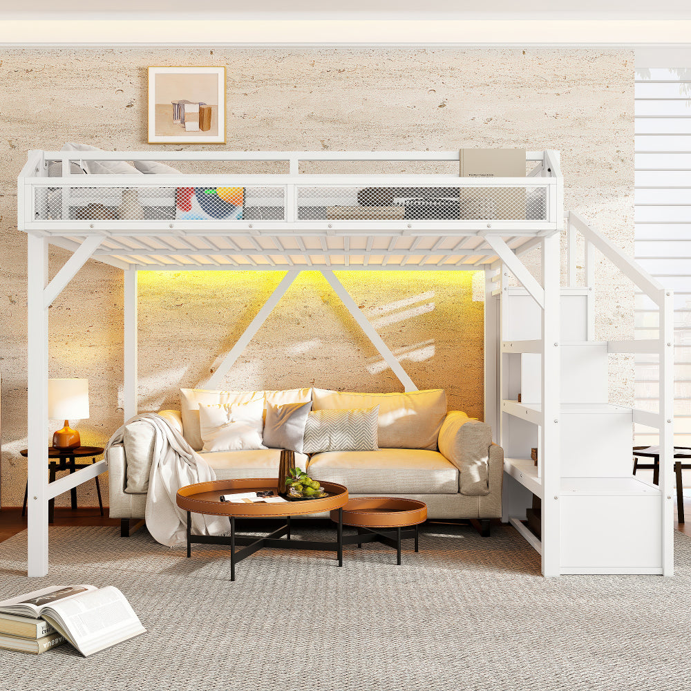 Full Loft Bed with Storage Stairs, Shelves and Built-in Wardrobe, Metal Loft Bed Frame with USB Ports and LED Lights, Noise-reduced Design, Black Woodgrain