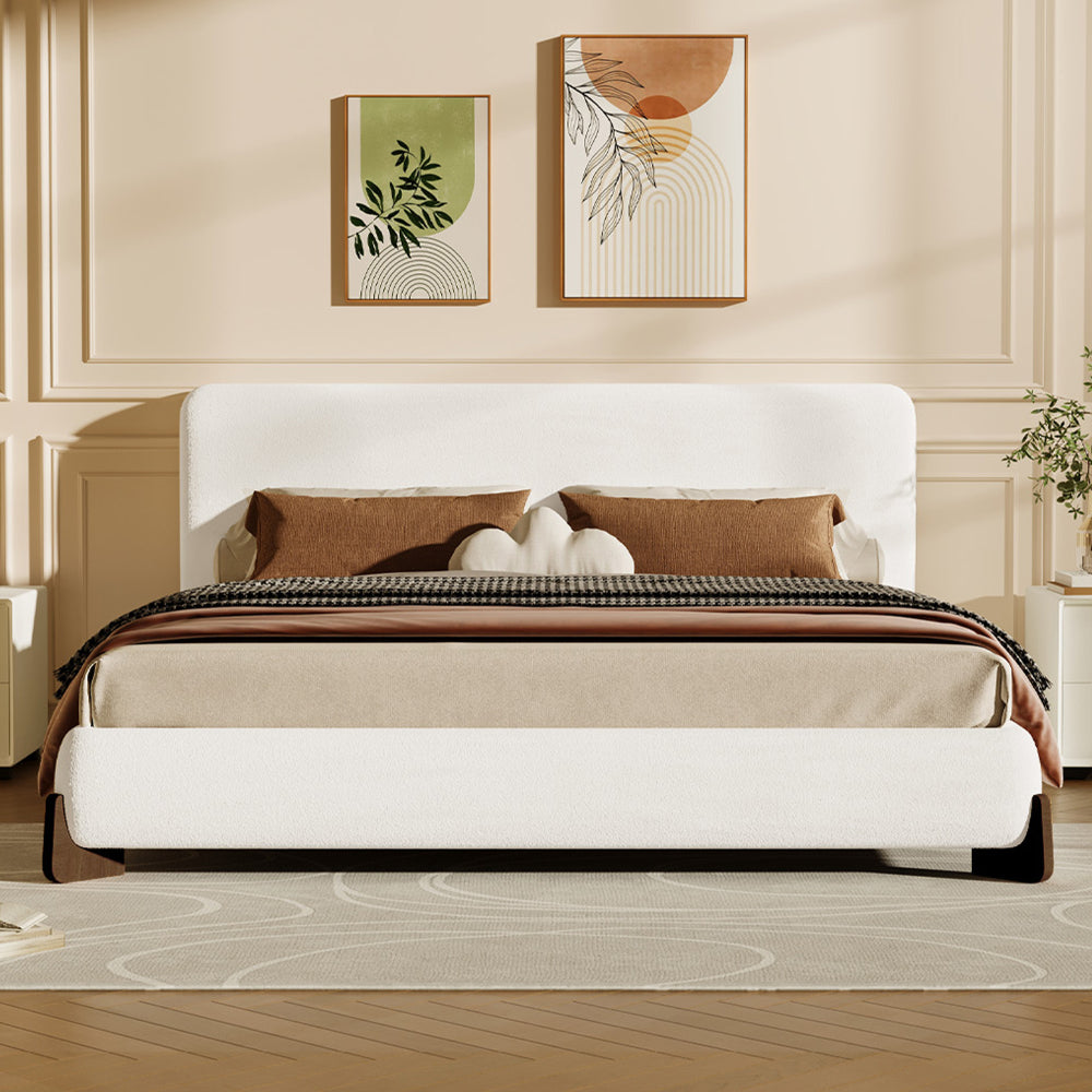 Elegant terry upholstered bed with dark brown solid wood legs, luxurious and comfortable bedroom centerpiece, queen size, white