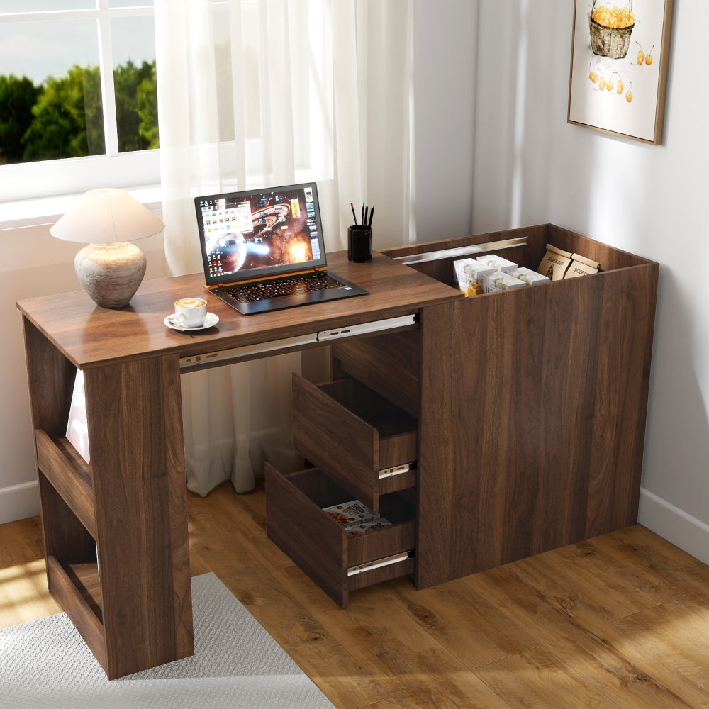 L-Shaped Desk and Vanity Combo with 6 Drawers, Extendable Tabletop, and Large Capacity Storage for Office and Bedroom Makeup