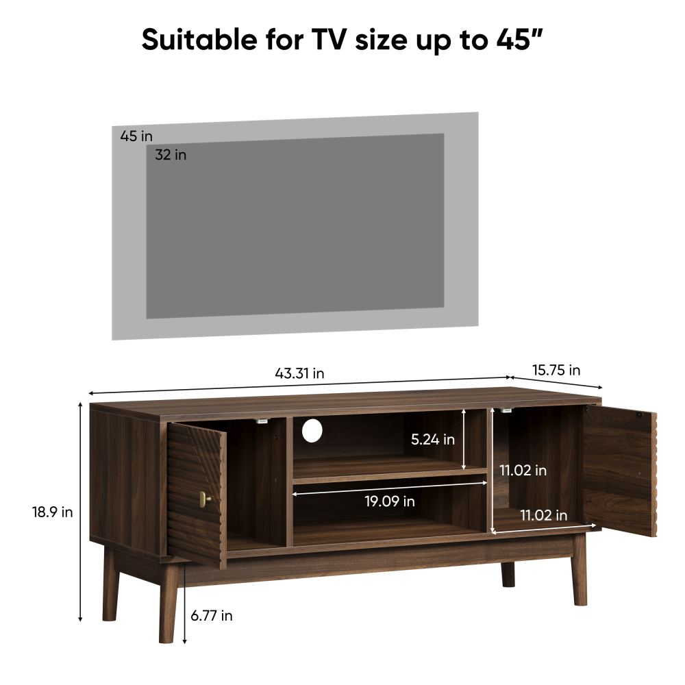 43.31 inch TV Stand, Mid-Century Modern TV Stand for 32/45 inch TV, Entertainment Center with Storage, Media Console Table for Living Room and Bedroom, Walnut