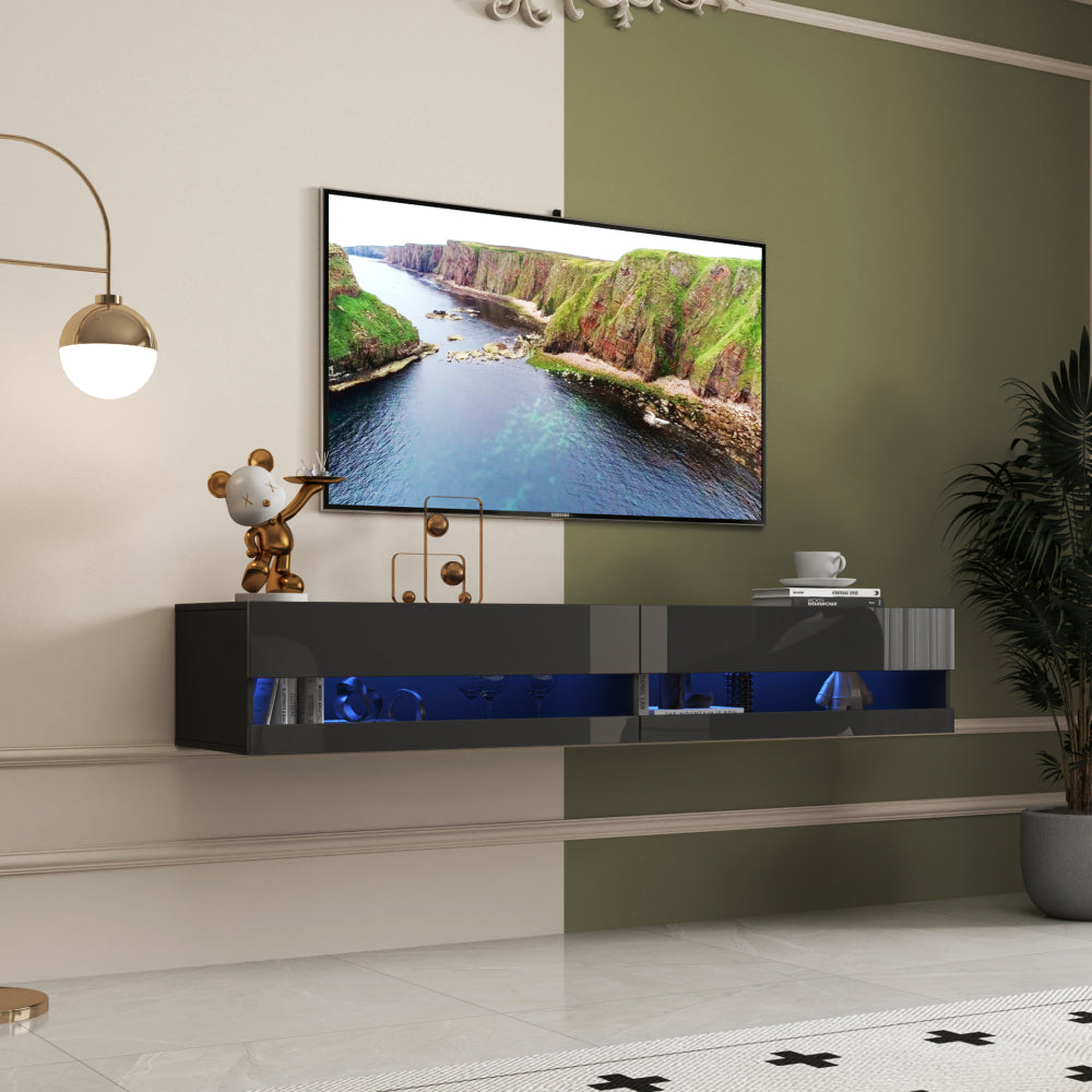 180 Wall Mounted Floating 80" TV Stand with 20 Color LEDs  and  Charging Station