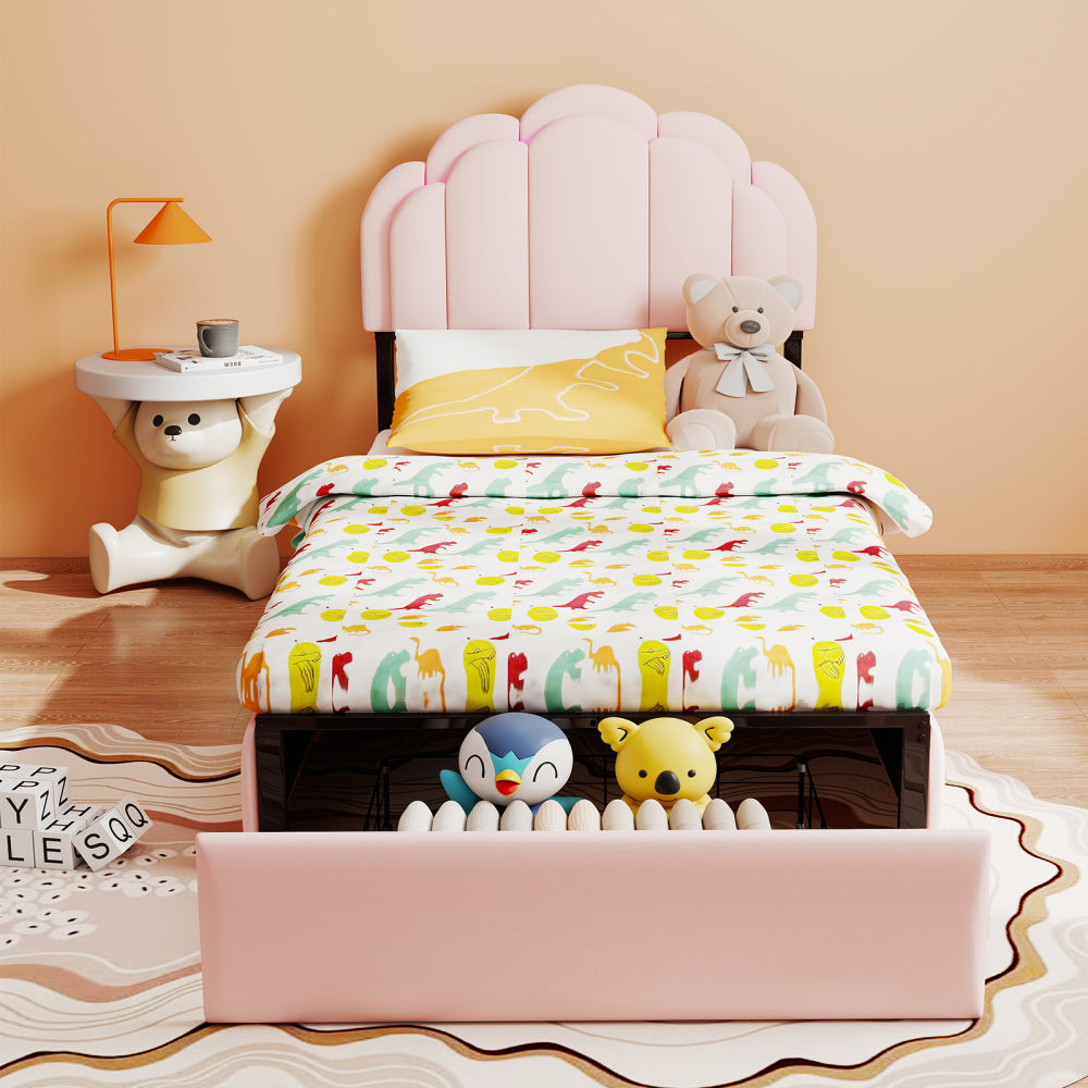 RGB LED Upholstered Platform Bed with Petal Headboard & Storage Drawers, Velvet Kids Bed