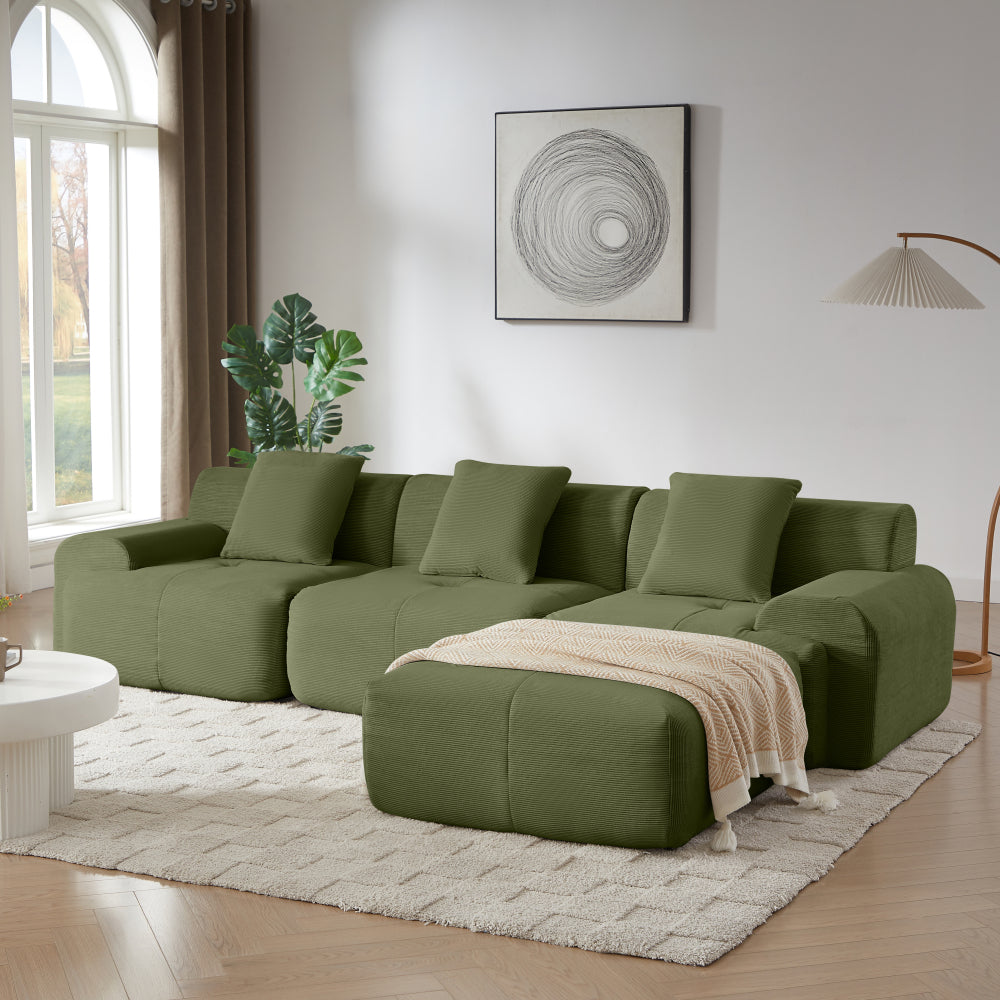 113" Modern L-Shaped Modular Sectional Sofa for Living Room, Corduroy Upholstery dark gray, Oversized 3-Seater Couch with Deep Seat and Movable Ottoman – No Assembly