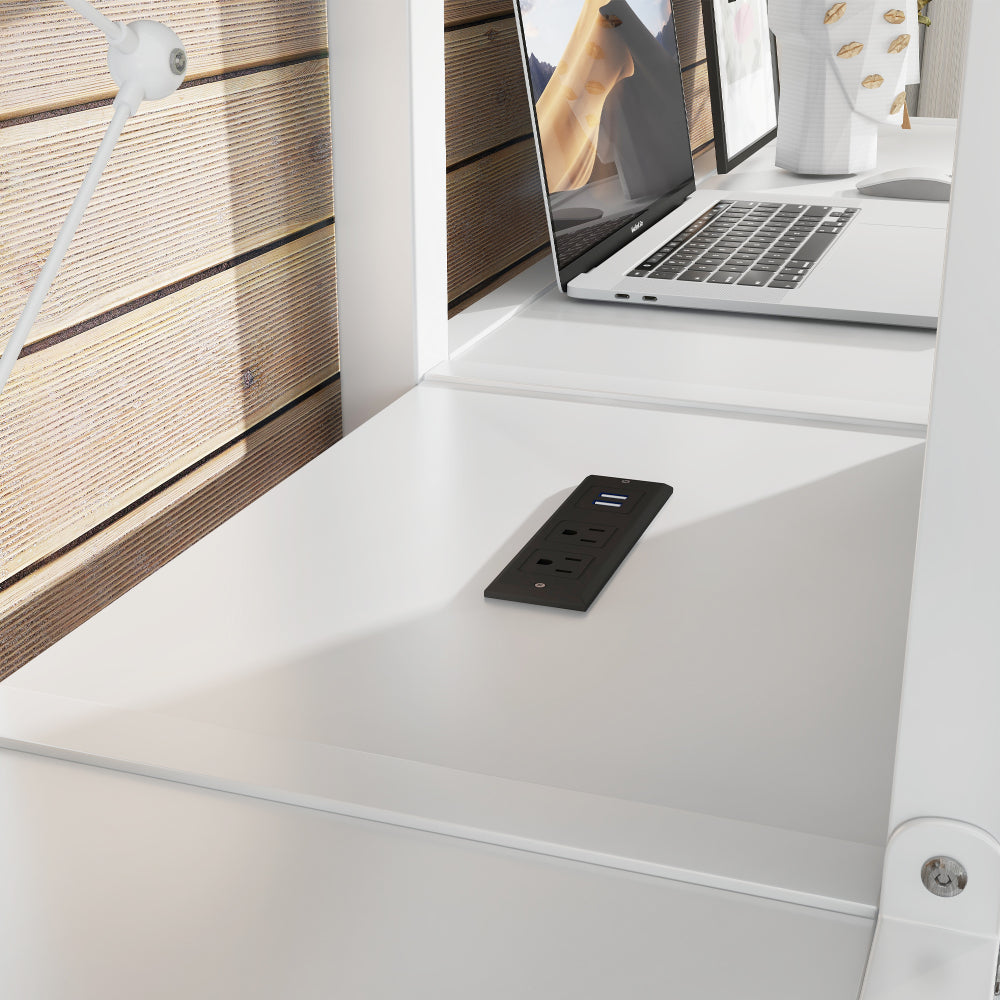 Twin Over Twin Metal Loft Bed with Double Desk and Wardrobe and Shelves with Electrical Outlet for Space Saving and Noise Reduction,White