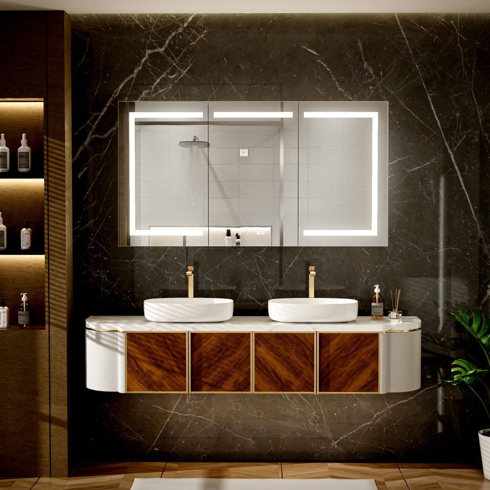 60"x32" Bathroom medicine cabinet with lights, Led bathroom mirror with storage, Adjustable Color Temperature & Brightness, Adjustable Shelves,Waterproof Wall-Mounted,Anti Fog,Time Display