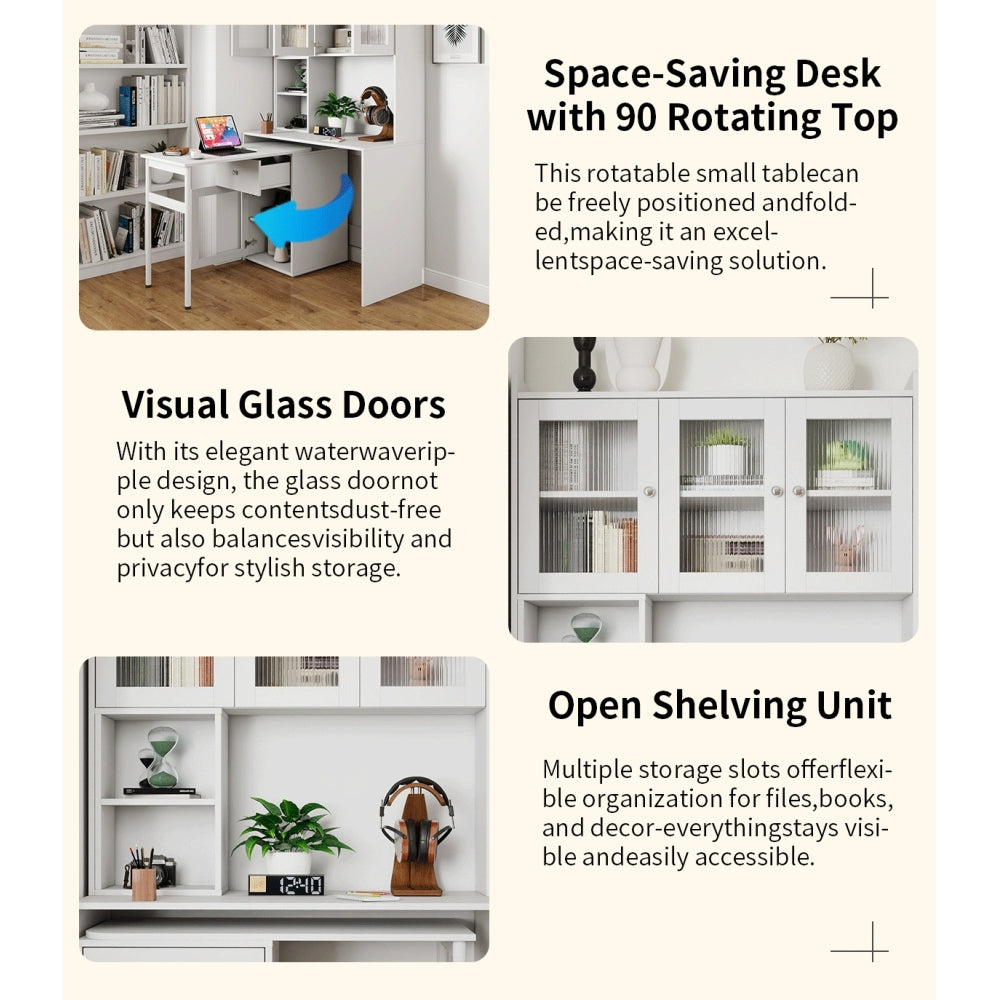 Computer Desk with glass door for Home Office or Study desk,  Bookshelf & Hutch, Computer Desk with 90 Degree Rotating Desktop,Large Working Space