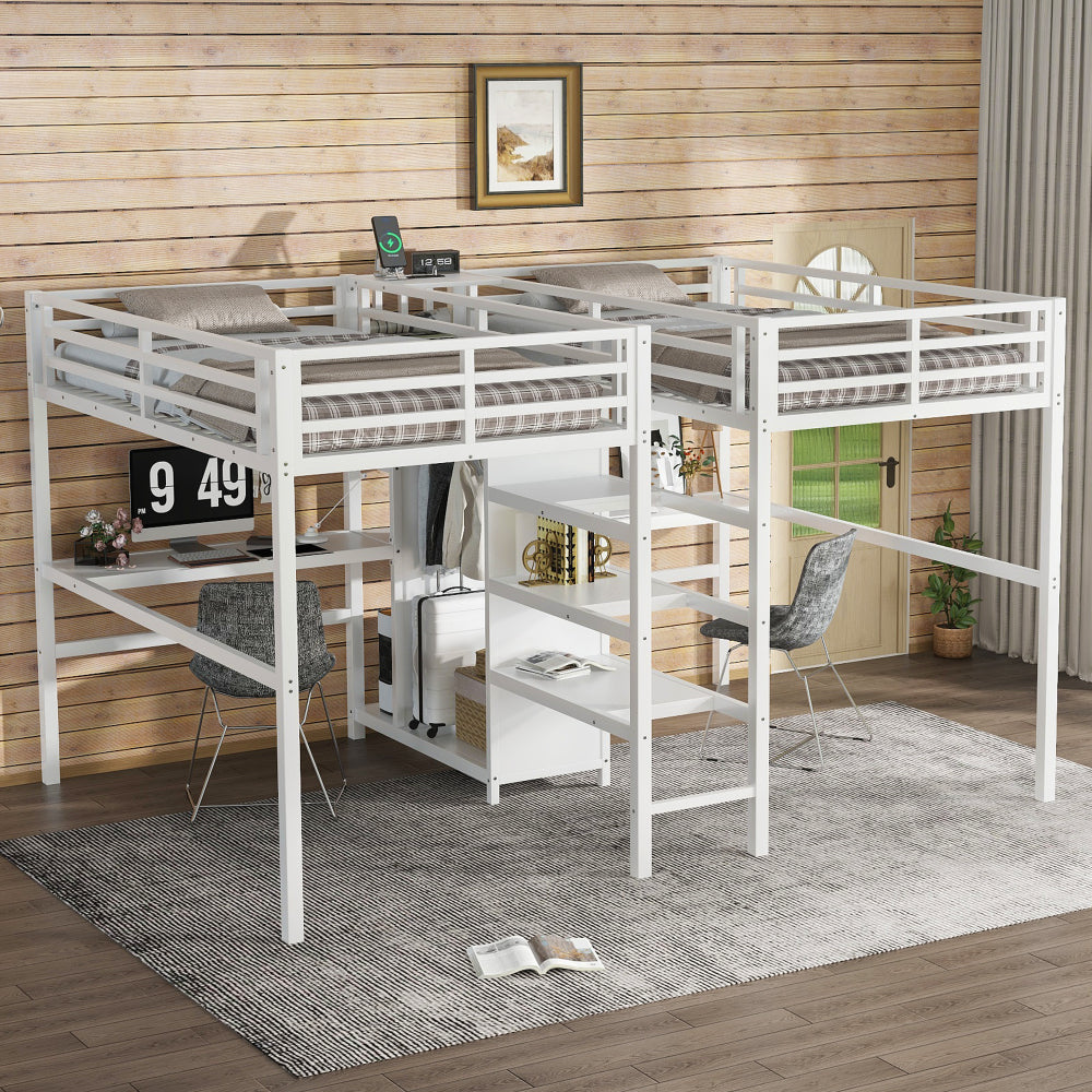 Twin Over Twin Metal Loft Bed with Double Desk and Wardrobe and Shelves with Electrical Outlet for Space Saving and Noise Reduction,White