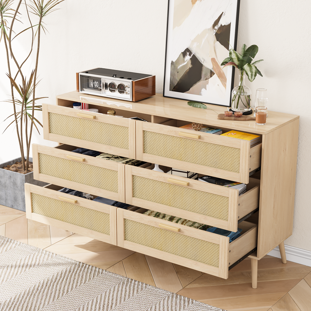 Rattan 6 Drawers  Chest  of Dressers for Bedroom, Modern 6 Drawer Dresser, Wide Chest of Drawers with wood Handles,  Rattan Dresser Storage Cabinet for Living Room, Bedroom, Hallway