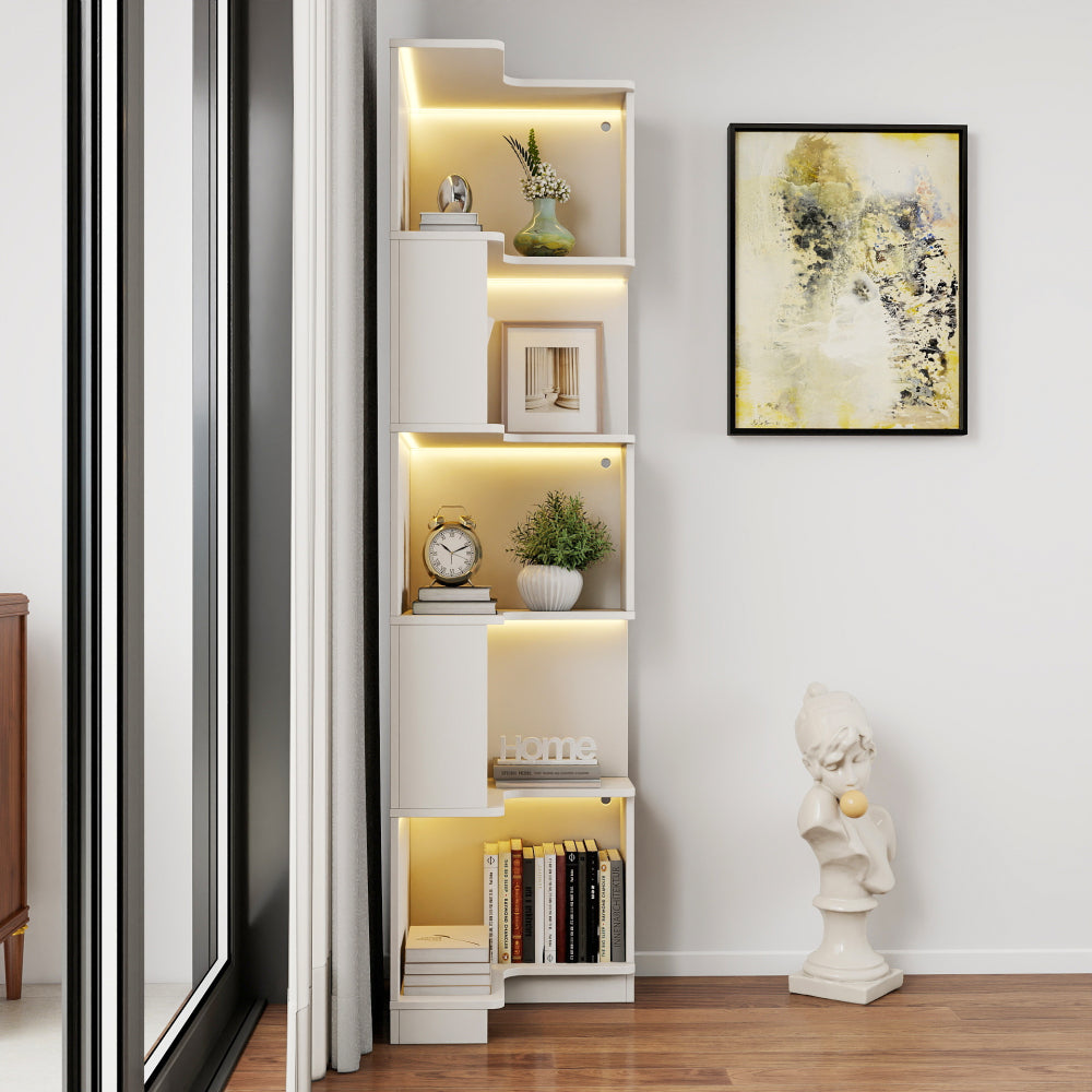 Corner Book Shelf - 5 Tier Corner Bookshelf  Bookcase with Baffle, Freestanding L Shaped Display Shelf Stand with led lights for Home Office, Living Room, Bedroom, Kitchen