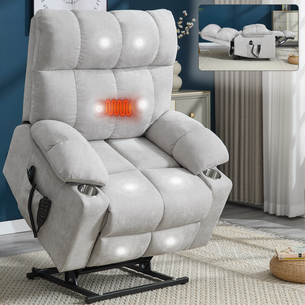 Beige Dual Motor Infinite Position Up to 350 LBS Chenille Power Lift Recliner Chair, Heavy Duty Motion Mechanism with 8-Point Vibration Massage and Lumbar Heating, Dual Cup Holders