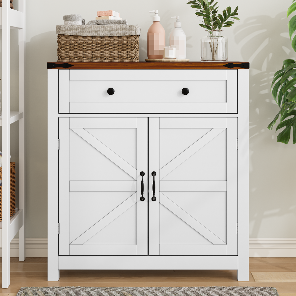 Farmhouse Storage Cabinet with Drawer and Adjustable Shelf, White Kitchen Cabinet with Walnut Countertop,  Modern Coffee Bar Console Cabinet for Kitchen, Dining Room, Bathroom, Entryway