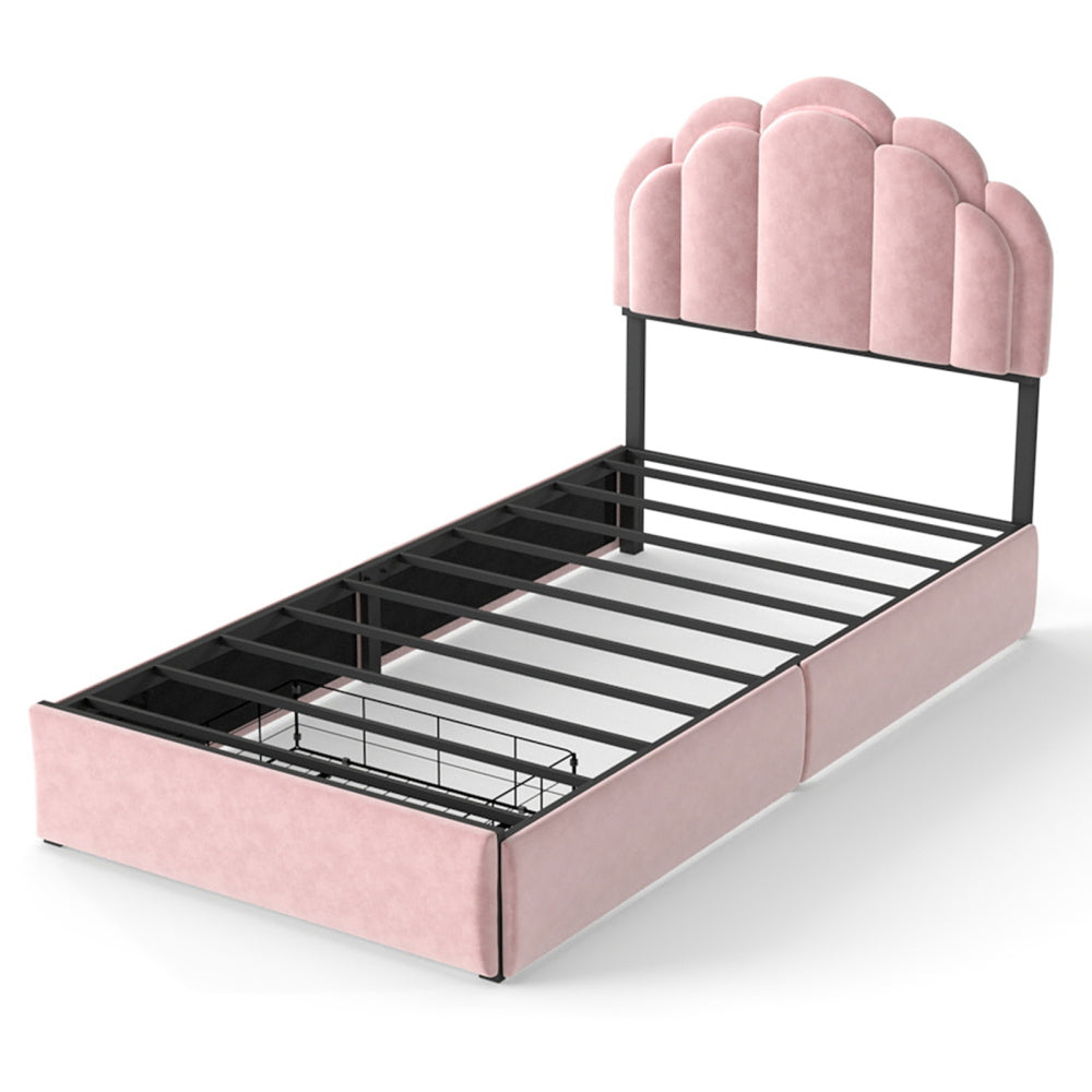 RGB LED Upholstered Platform Bed with Petal Headboard & Storage Drawers, Velvet Kids Bed