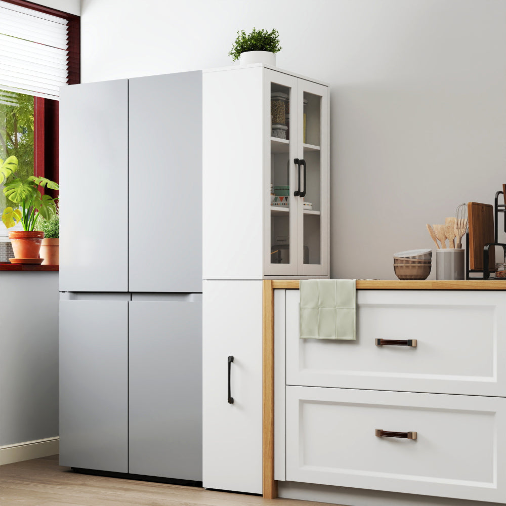 70.87" H Display Storage  Cabinet , 4 Tier multi-functional pull-out multi-tier storage shelf & 2 Glass Doors, Modern Wooden  Kitchen Pantry Cabinet for Living Room or Kitchen and Dinning Room