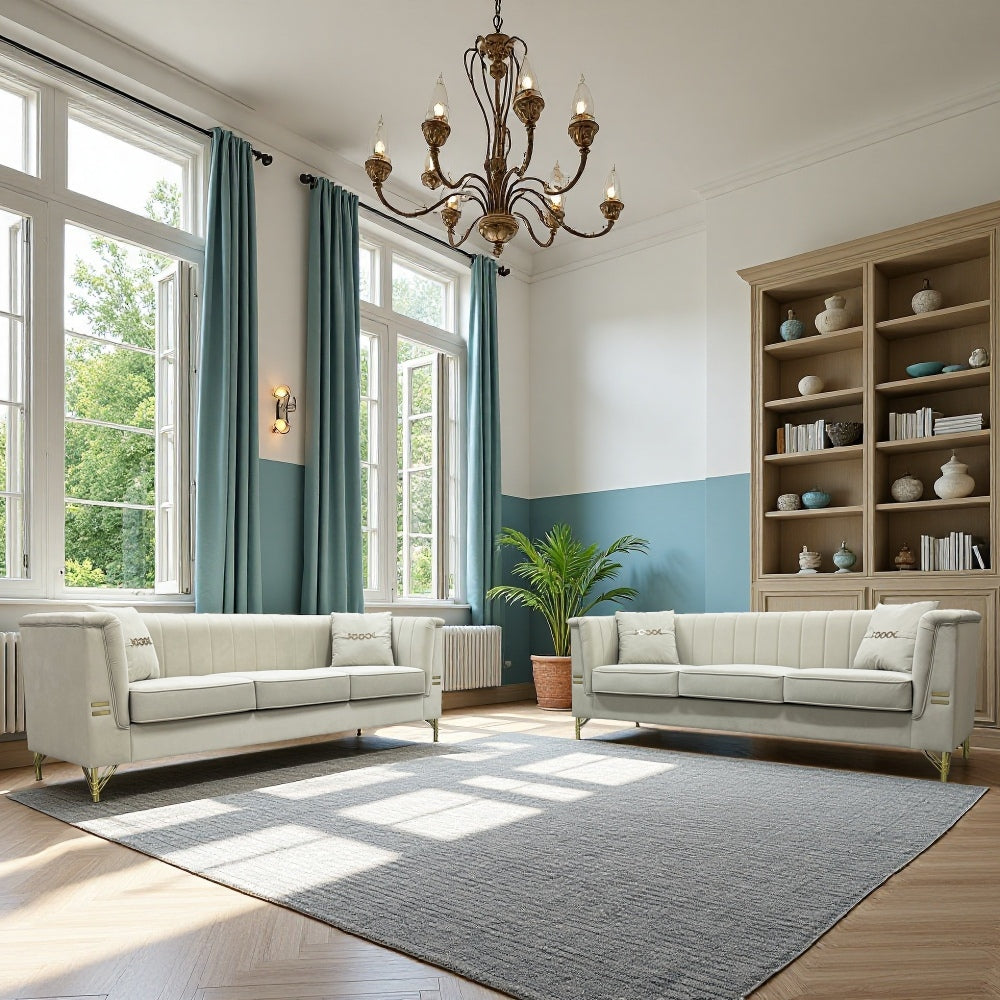 FX-P82-2PC SOFA -BE3  Modern Velvet Upholstered Sofa Set of 2, Beige 3-Seater Sofas with Gold Metal Legs Contemporary Living Room Furniture for Family Homes, Apartments, and Lounge Spaces