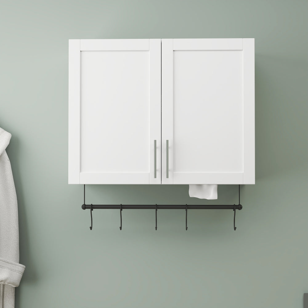 Bathroom Wall Cabinet with Adjustable Shelf, Towel Bar, 5 Hooks, Over The Toilet Storage Cabinet for Bathroom, Kitchen, White