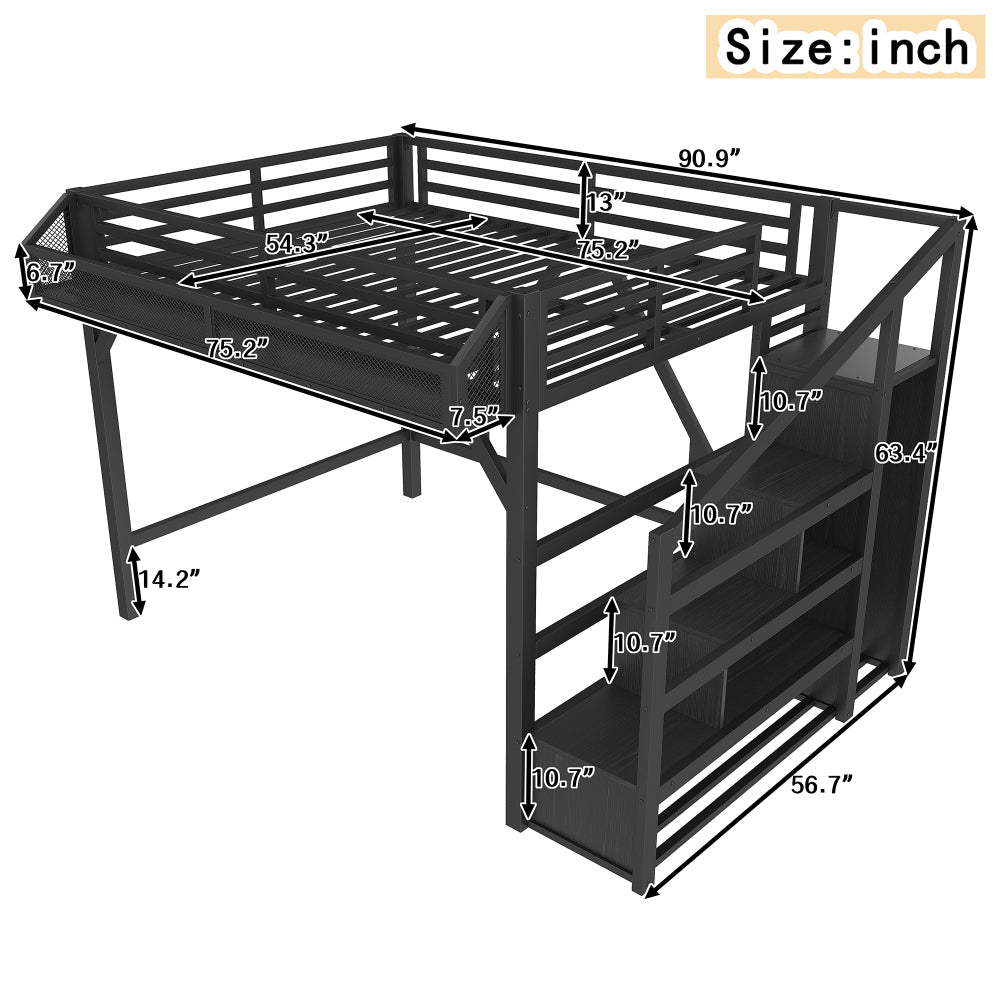 Full Loft Bed with Storage Stairs, Shelves and Built-in Wardrobe, Metal Loft Bed Frame with USB Ports and LED Lights, Noise-reduced Design, Black Woodgrain