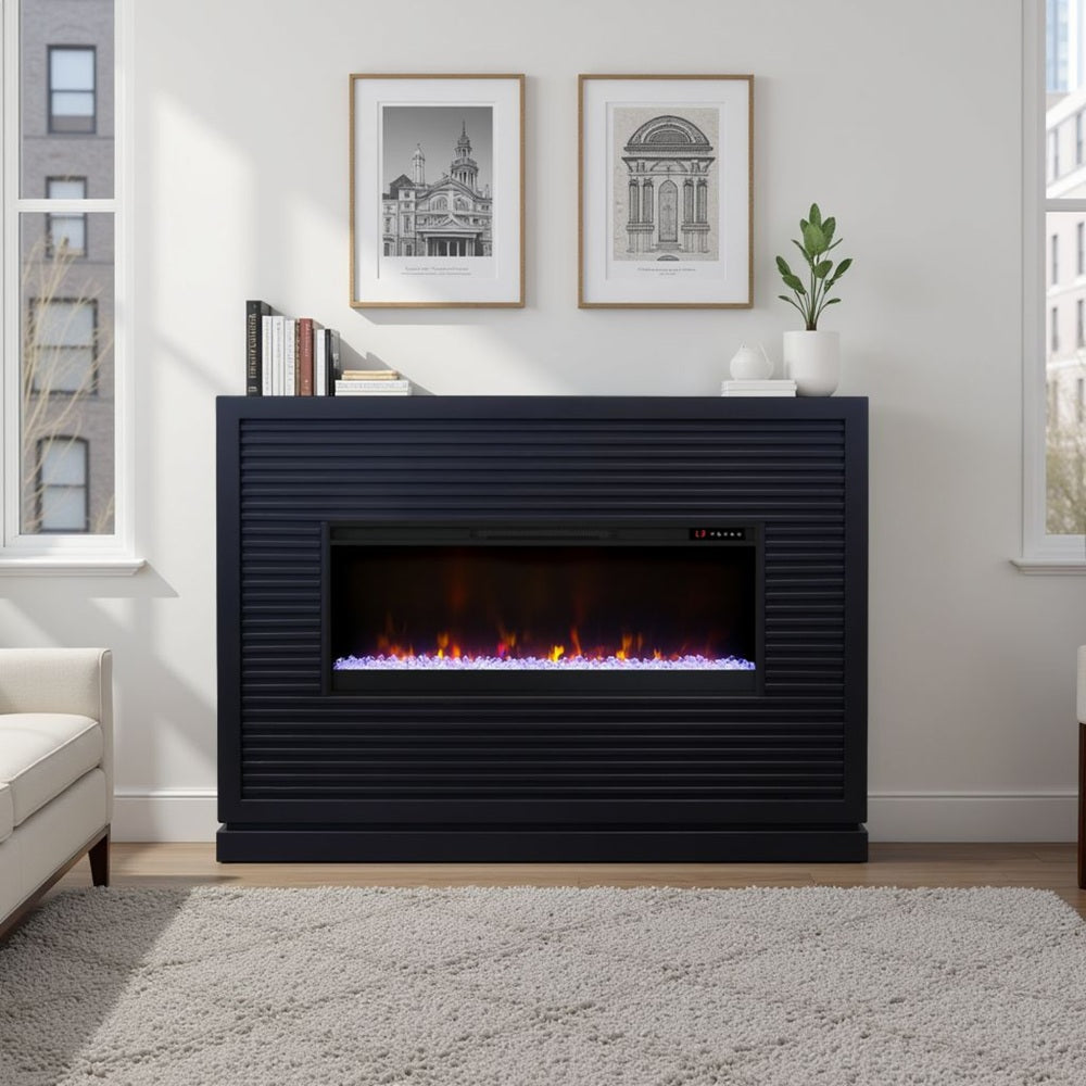 Riviera 64 inch Fireplace Mantel, Minimal Assembly, Solid Wood, Black Finish