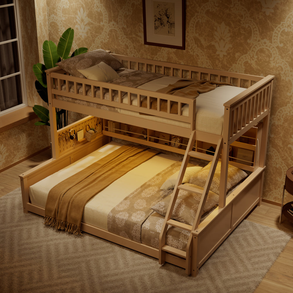 Twin XL over Queen Bunk Bed with Integrated Shelving, Color-Changing Lights and Pegboard, Beige