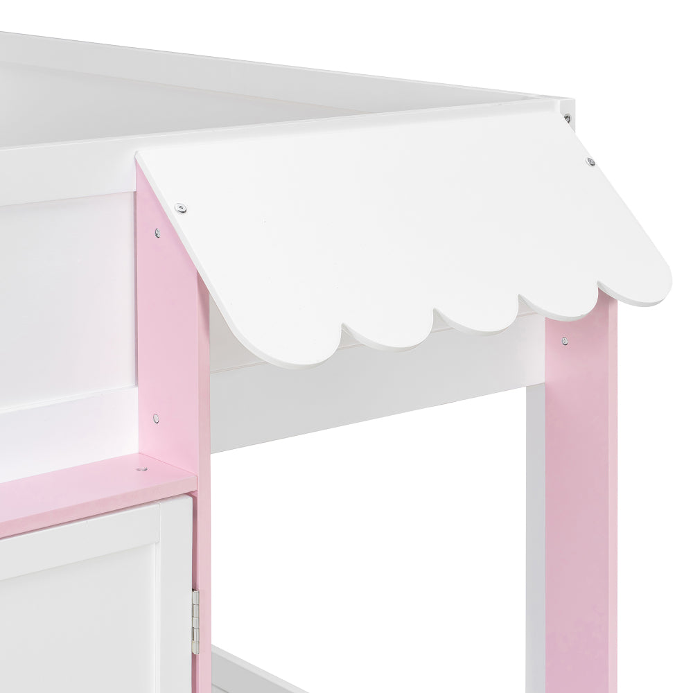 Full Loft House Bed with Playhouse & Storage, Modern Wood Cabin Bed for Kids/Teens, White+Pink