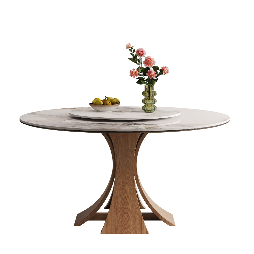 59-inch Modern Sintered Stone Dining Table, Equipped with a 35-Inch Round Turntable, Seating 6-8 People, with a Unique Walnut-colored Wooden Base