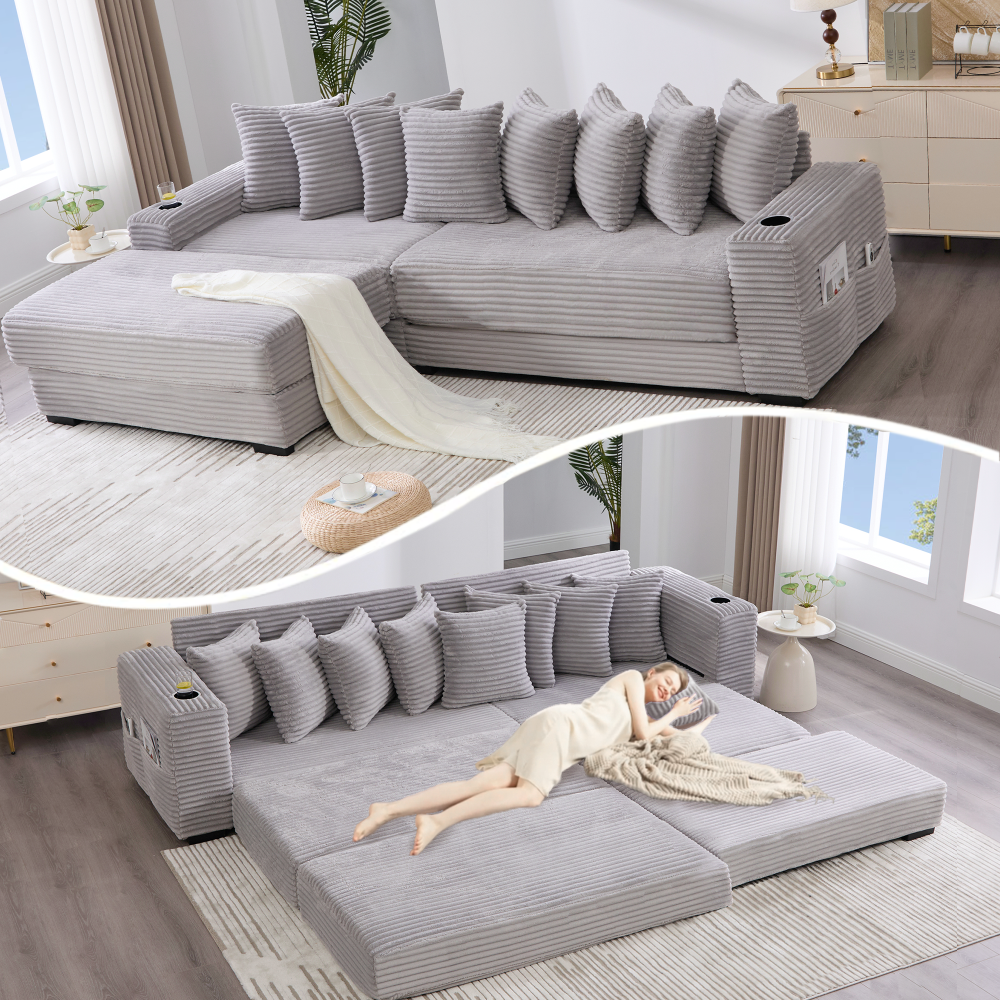 [NEW ARRIVED] [VIDEO PROVIDED]   110.75" Modular L Shaped Sofa, Corduroy Fabric Sectional Couch,With a movable footstool, Cup Holders,Bring 8 throw pillows,Side Pocket,Unfold into a Bed,Orange