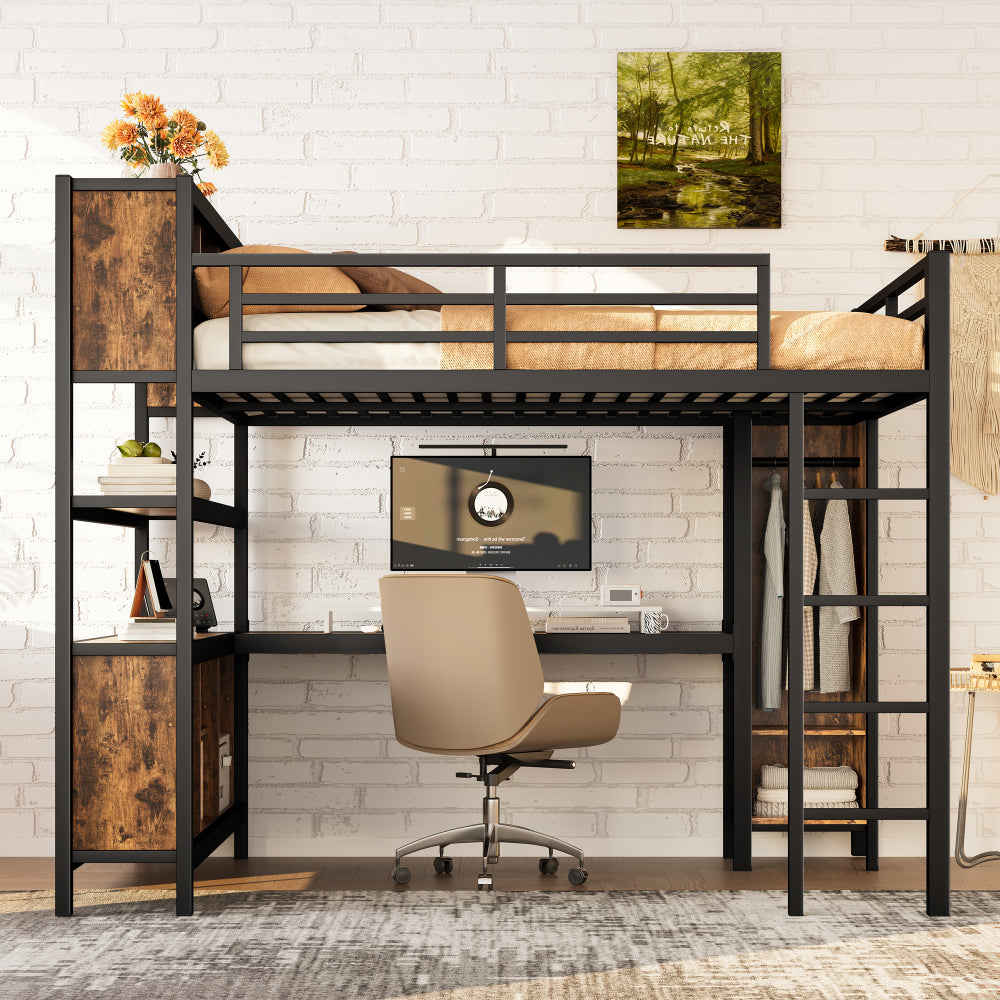 Metal Loft Bed with Wardrobe And L-shaped Desk, Queen Size Loft Bed with Storage Cubes and Shelves, Heavy Duty Loft Bed for Kids Teens Adults, Black Woodgrain