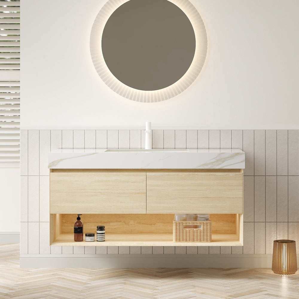 FRIGGA 48" Bathroom Vanity&Sink, Floating Plywood Storage Cabinet, Drawers&Shelf with Sensor Light, Ceramic Undermount Basin&Calacatta Gold Sintered Stone Top, Pre-assembled, Travertine Texture Finish
