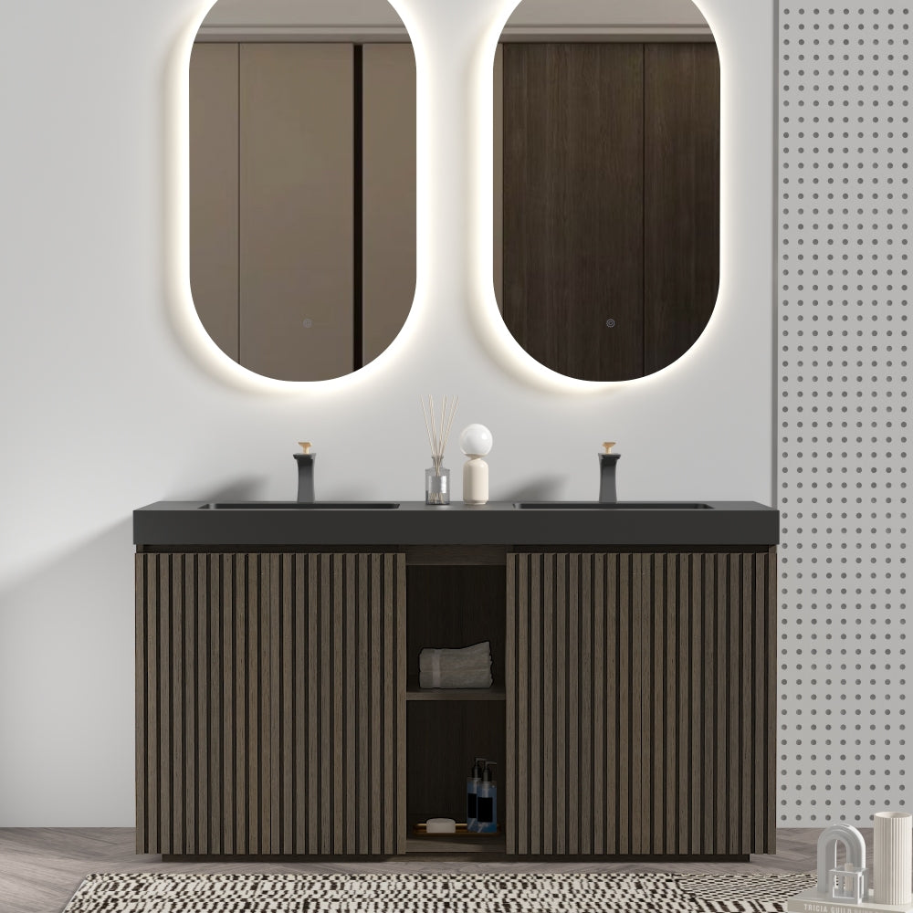 GALAN60F" Smoked Oak Bathroom Vanity with Sink, Large Storage Freestanding Bathroom Vanity for Modern Bathroom, One-Piece Black Sink Basin without Drain and Faucet, KD