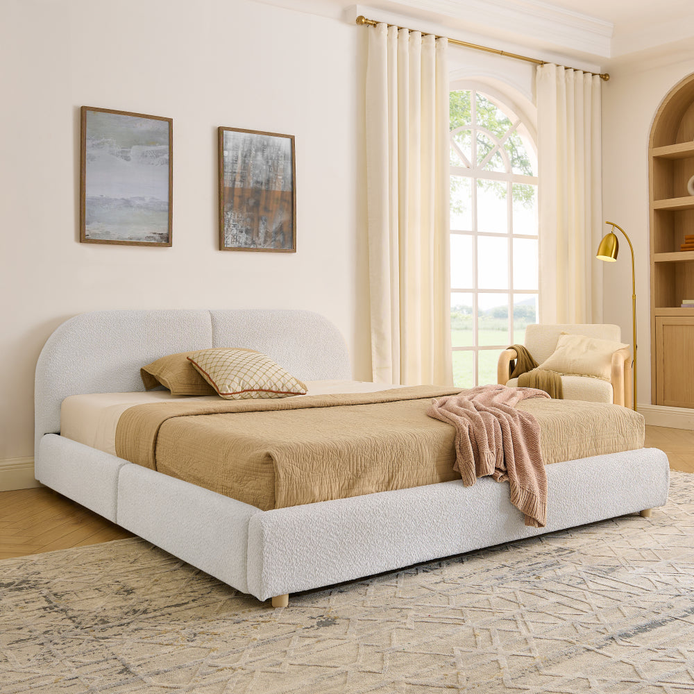 Queen Size Upholstered Bed Frame Modern Minimalist Style - Circle Yarn Fabric, Tall Curved Headboard, Sturdy Leg Support & Wheeled Drawer Storage, Mattress Not Included -Beige