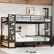 Queen over Queen size Metal Bunk Bed for Teens  with Storage Shelves ,Drawers and Pegboard,Black