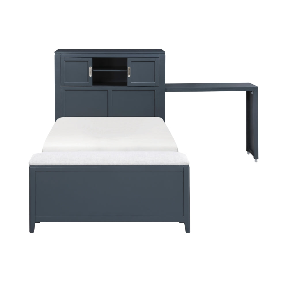 Navy Blue Finish Twin Platform Bed with Bookcase Headboard Drawers Hidden Desk Stool Footboard Storage Bench Bedroom Furniture 1pc
