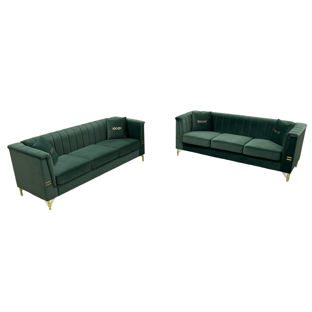 FX-P82-2PC SOFA -GR3  Green Velvet Sofa Set of 2, Two Modern 3-Seater Sofas with Plush Cushions & Gold-Tone Metal Legs  Stylish Living Room Couch Set for Homes, Apartments, and Guest Areas