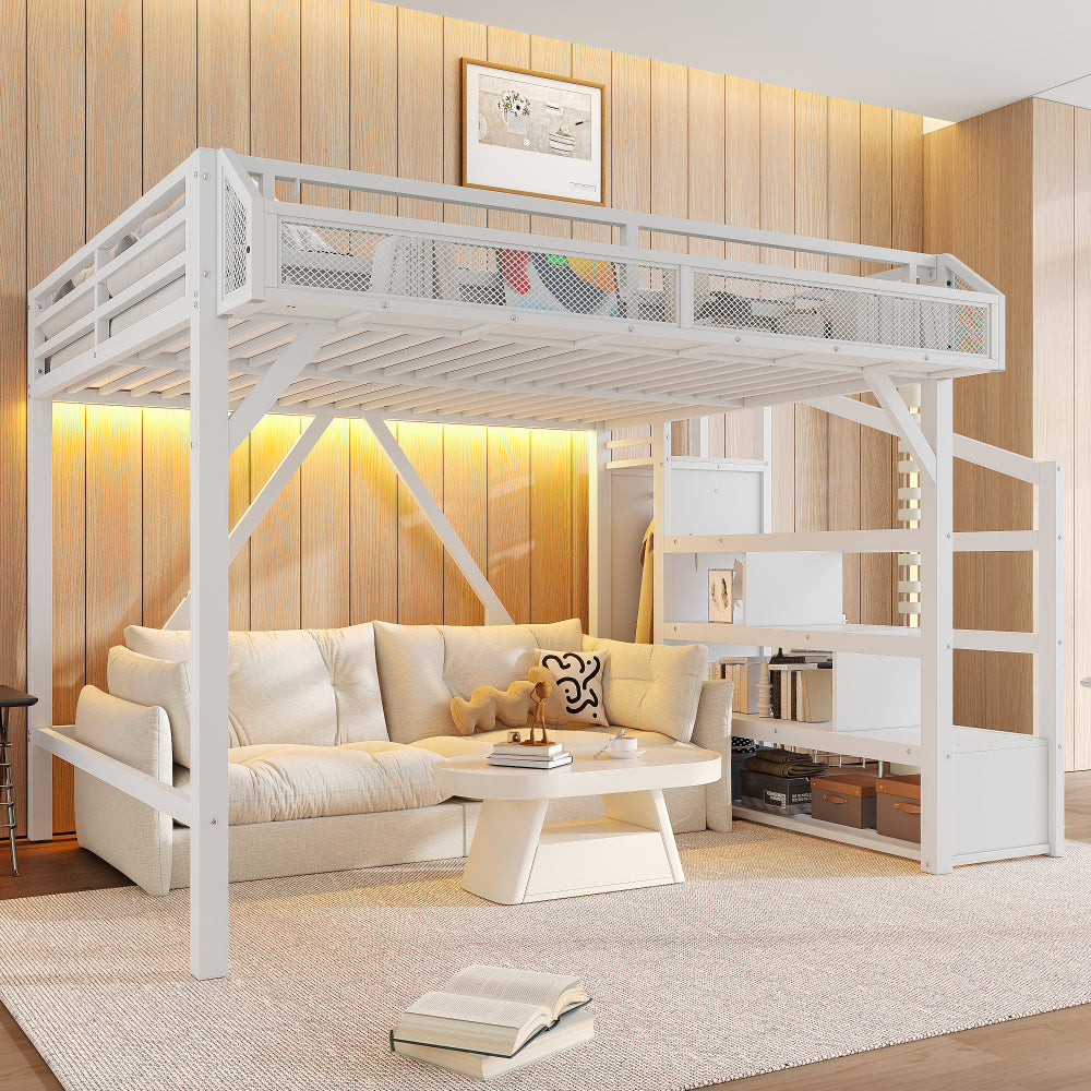 Full Loft Bed with Storage Stairs, Shelves and Built-in Wardrobe, Metal Loft Bed Frame with USB Ports and LED Lights, Noise-reduced Design, Black Woodgrain