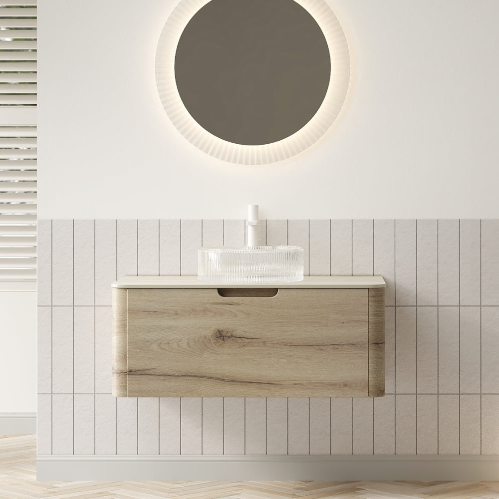 XAI 36" Bathroom Vanity with Sink, Floating Plywood Storage Cabinet with Drawer, Transparent Round Glass Basin and Roma Travertine-Pattern Sintered Stone Top, Pre-assembled, White Oak Woodgrain Color