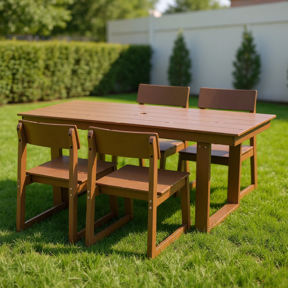 5-Piece HDPE Outdoor Dining Set for 4 – Weather-Resistant Patio Table and Chairs with Umbrella Hole, Brown Furniture for Backyard, Garden, Lawn, or Poolside