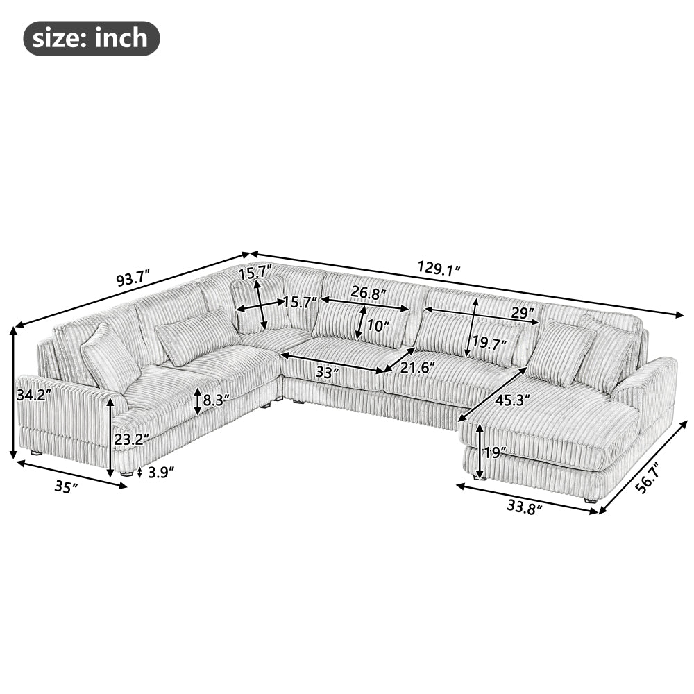 129" Oversized Sectional Sofa U-shaped Sofa Couch Modern Sofa Upholstered in Soft Corduroy with a Chaise Lounge for Living Room, Dark Gray