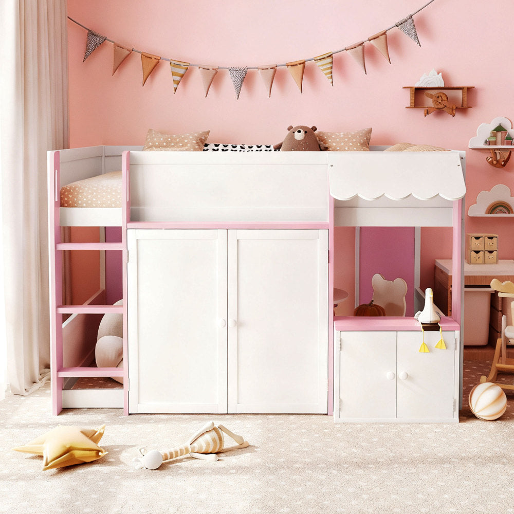 Full Loft House Bed with Playhouse & Storage, Modern Wood Cabin Bed for Kids/Teens, White+Pink