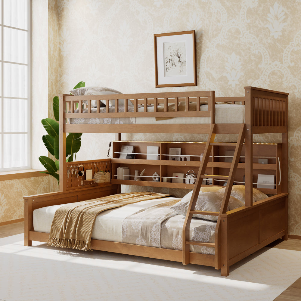Twin XL over Queen Bunk Bed with Integrated Shelving, Color-Changing Lights and Pegboard, Beige