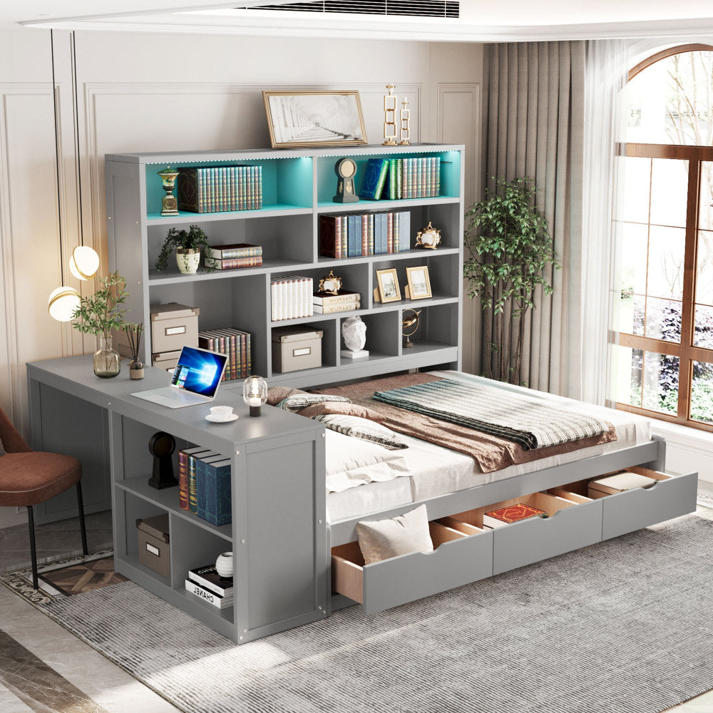 Full Size Wooden Daybed With Three Drawers ,Desk ,Shelves and Lights,  Gray