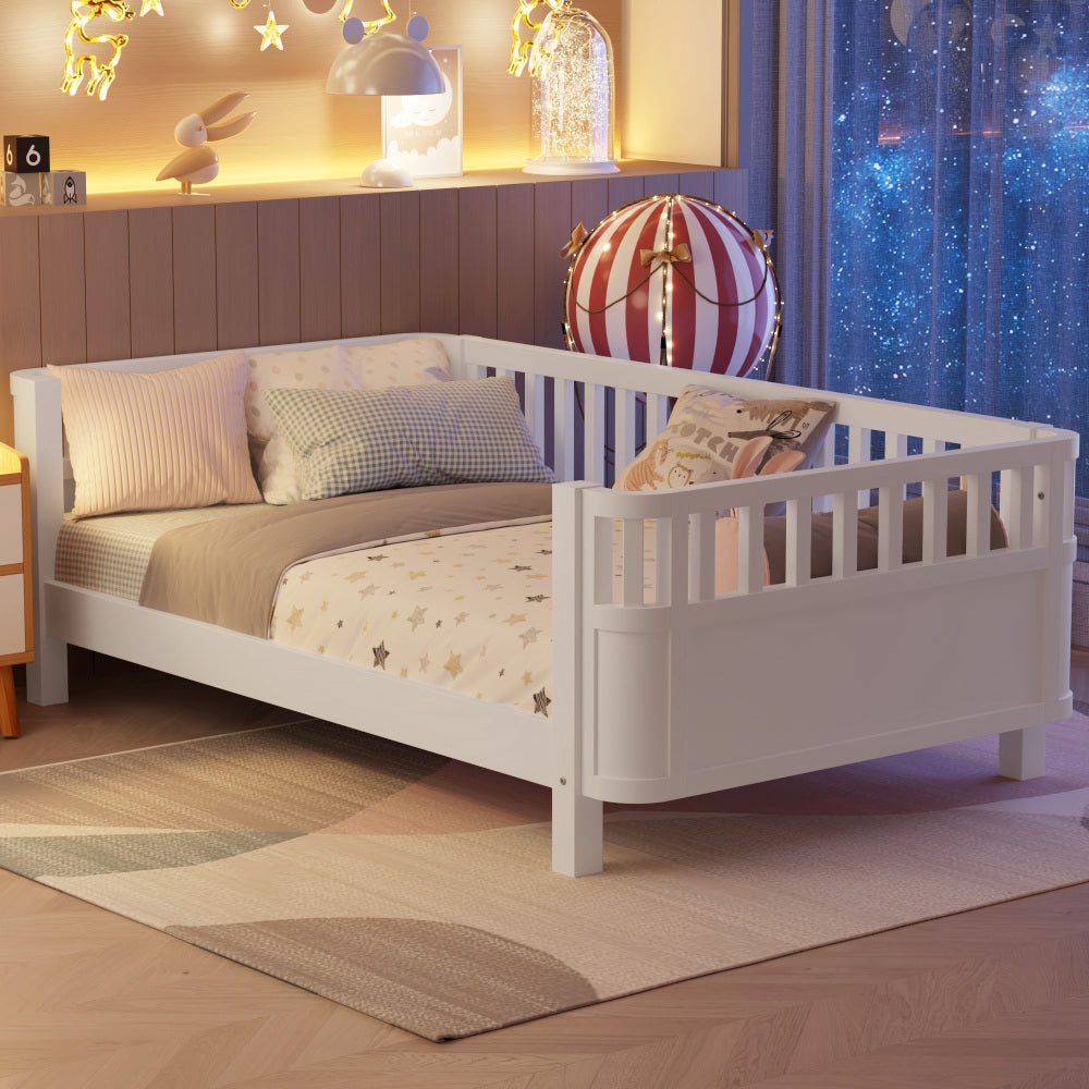 Full Size Wood Platform Bed for Kids, Wood Low Profile Full Bed with Rails for Girls and Boys, White (Patented Design, Old SKU W2593P233767)