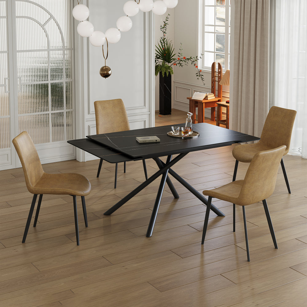 Retractable Sintered Stone Dining Table Set,It features a modern rectangular design, with black carbon steel table legs and a cross-leg structure at the bottom. (Table + 4 Chairs)