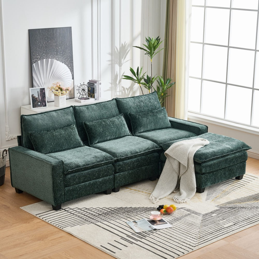 99'' Sectional Cloud Deep Seat Couch, Modern Comfy Chenille L Shaped Sectional Sofa for Living Room Set, Upholstered 4-Seats Sofa Couch with Movable Ottoman,Green