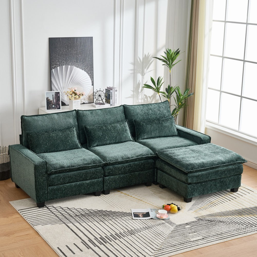 99'' Sectional Cloud Deep Seat Couch, Modern Comfy Chenille L Shaped Sectional Sofa for Living Room Set, Upholstered 4-Seats Sofa Couch with Movable Ottoman,Green