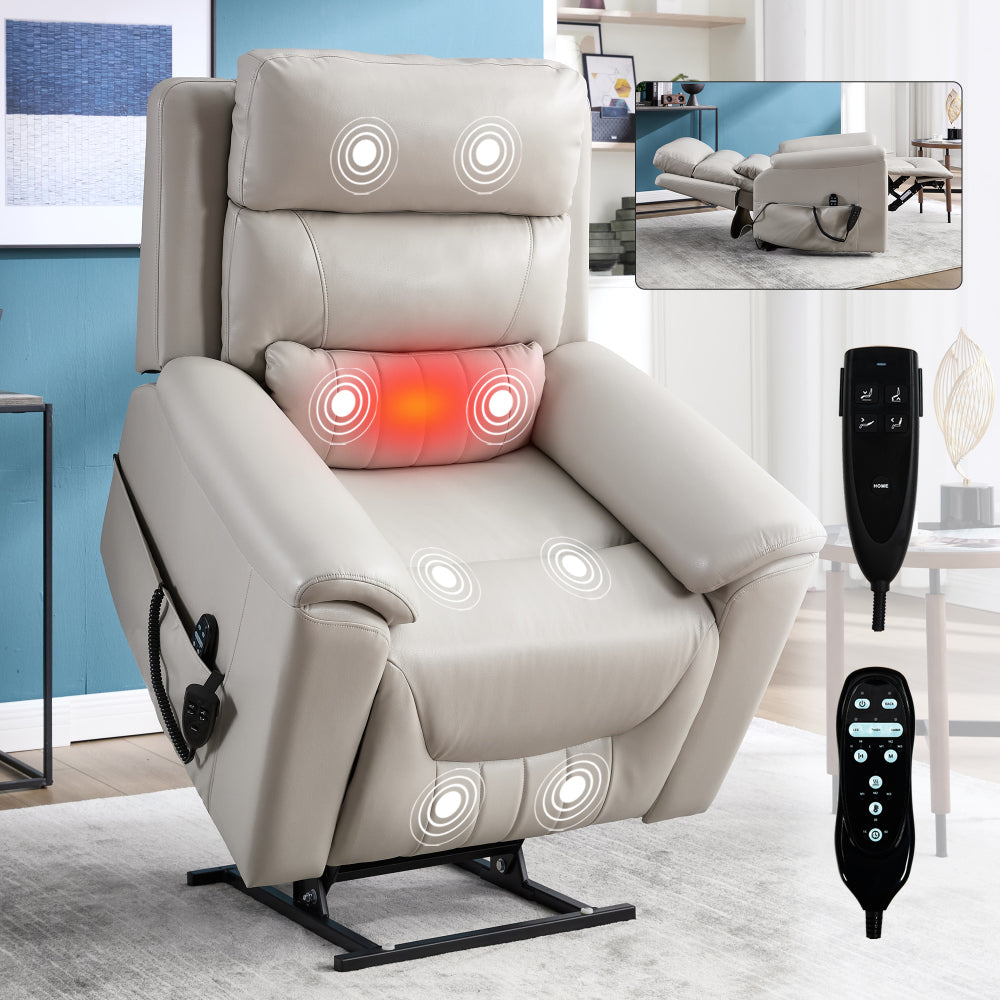 Dual Motor Infinite Position Up to 350 LBS Leatherair Power Lift Recliner Chair, Heavy Duty Motion Mechanism with 8-Point Vibration Massage and Lumbar Heating,Grey