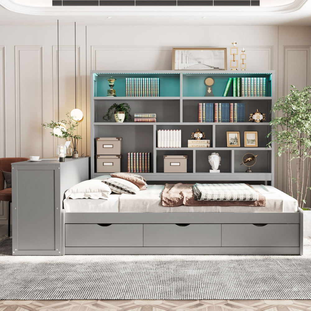 Full Size Wooden Daybed With Three Drawers ,Desk ,Shelves and Lights,  Gray