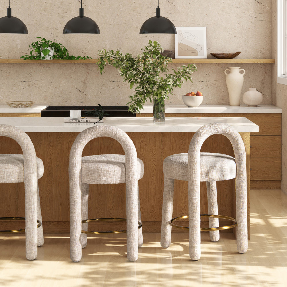 Penny 26.5" Round Arched Upholstered Counter Stool, Set of 2, Travertine Beige Chenille