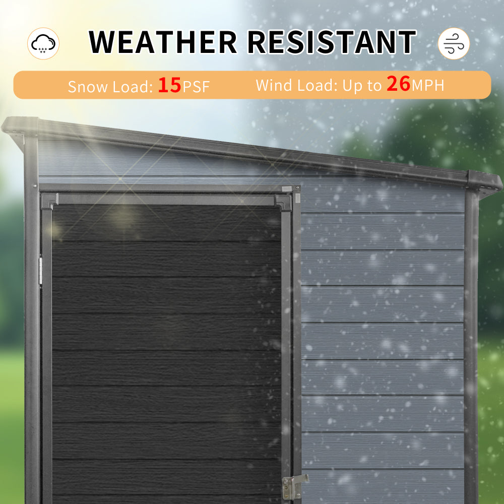 4x8ft Outdoor Resin Garden Shed with Floor and 2 Windows, Plastic Patio Outdoor Storage Shed with Lockable Door for Garden Tools, Bicycles, Trash Cans, Gray+Black